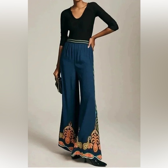 FARM Rio Pants - FARM Rio NWT Sz M beautiful Moroccan Blue side -zip high-waist wide-leg pants